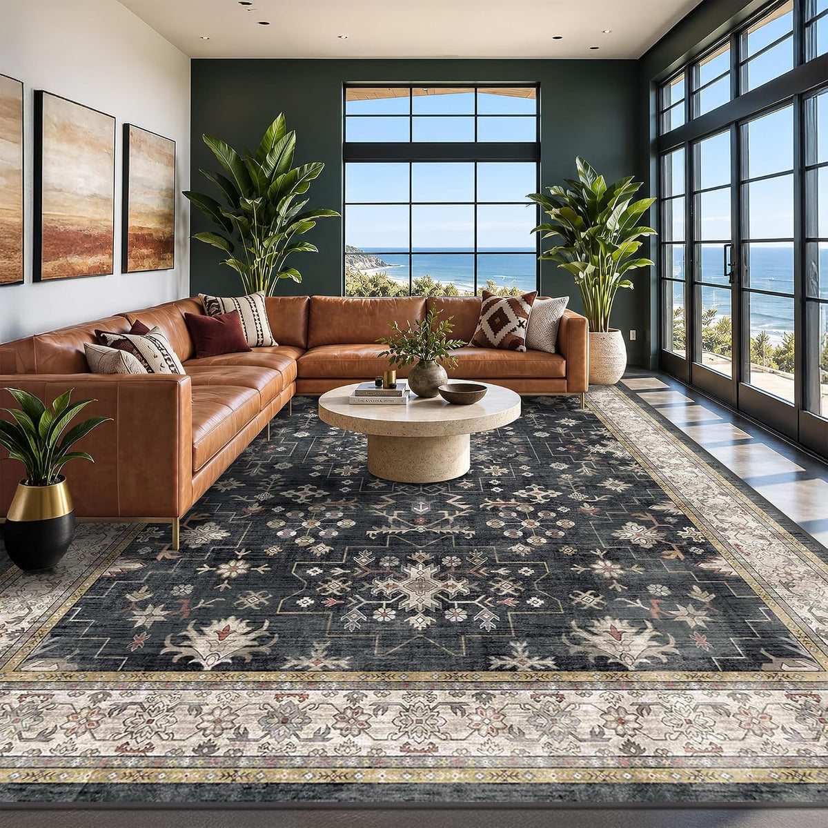 Black Farmhouse Washable 8x10 Area Rugs for Living Room, Bedroom, Dining Room...