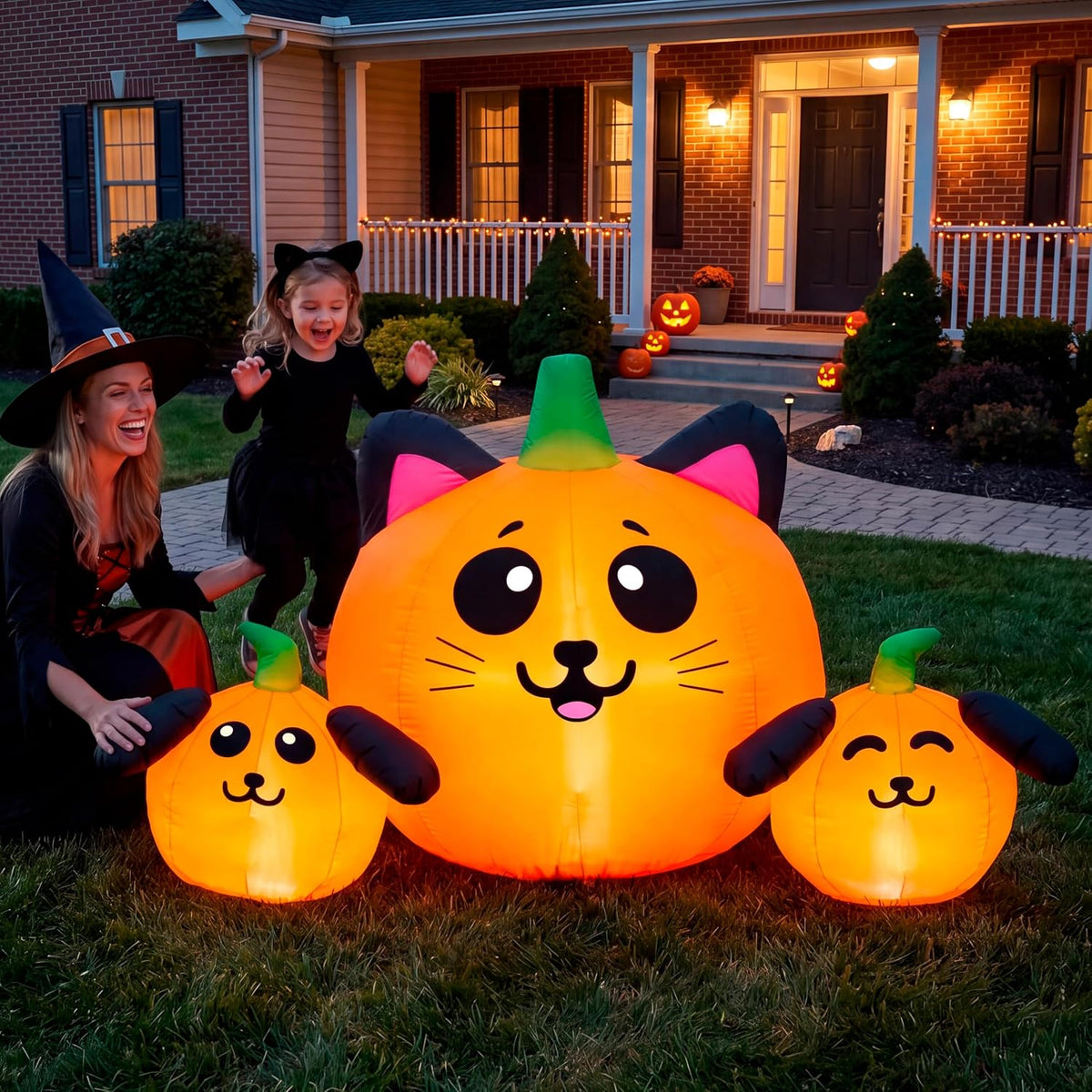 JOYIN 5FT Long Halloween Inflatable Pumpkin Cat & Dog Head Combo Outdoor ...
