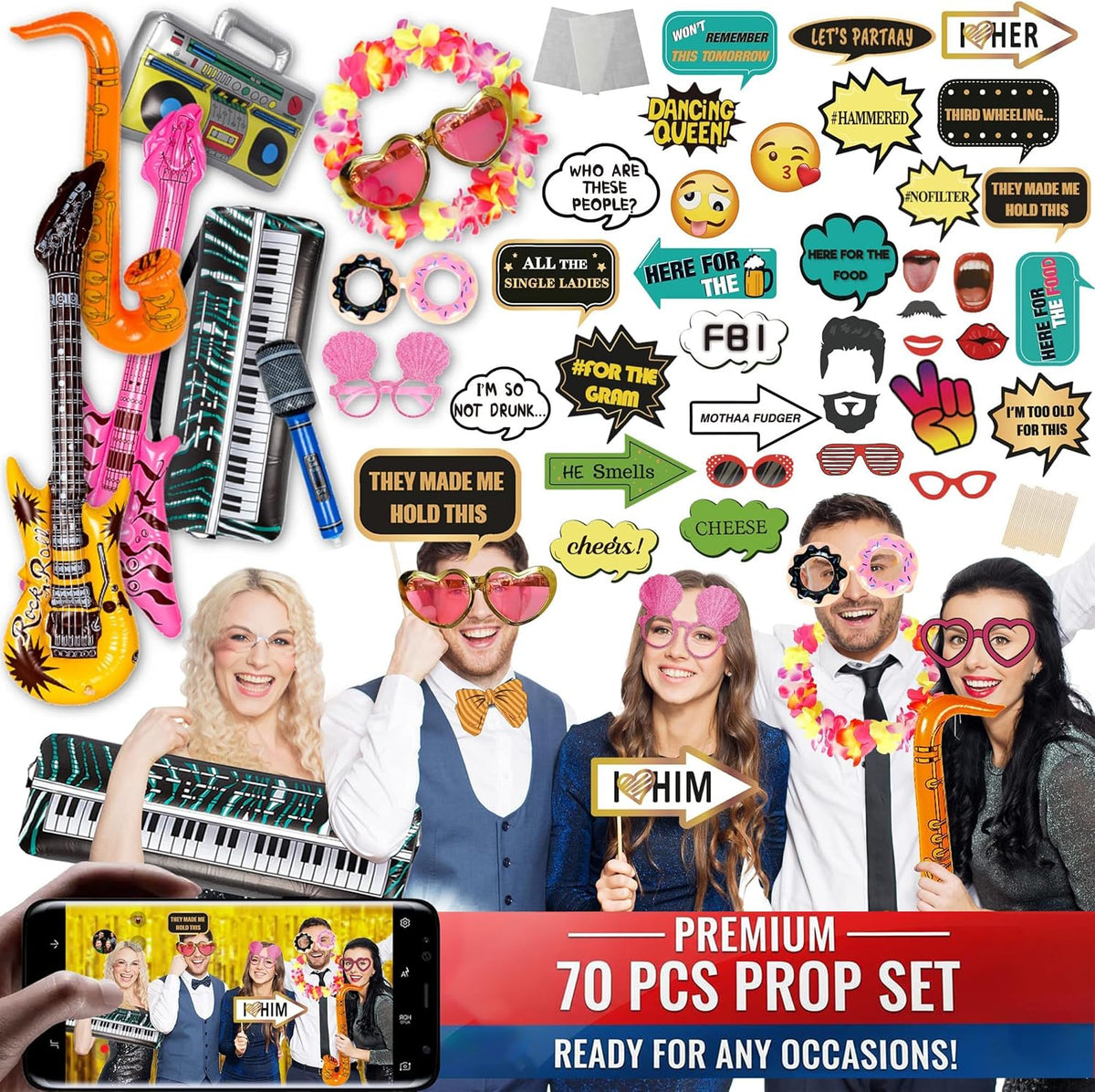 SOUL SHIFT 70 Pc Large Premium Photo Booth Props Set for All Occasions - Wedd...