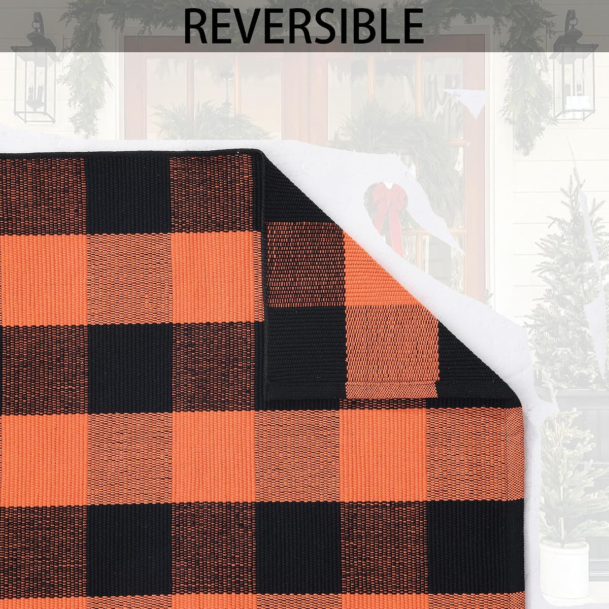 Orange and Black Plaid Rug, 4' x 6' Fall Outdoor Front Door Decor Mat...