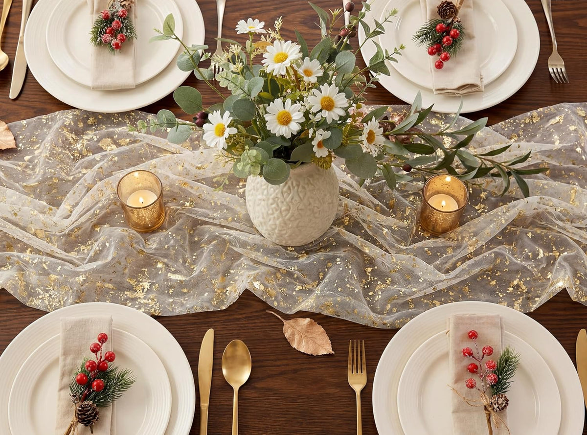 FEXIA 8Pcs Gold Table Runner 10FT Gauze Glitter Wedding Party Decorations