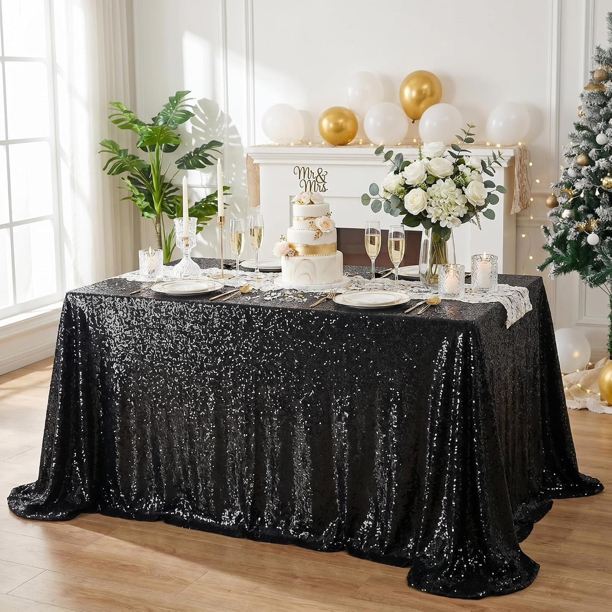 SoarDream Black Sequin Tablecloth 90"x156" Party Glitter Table Cloth