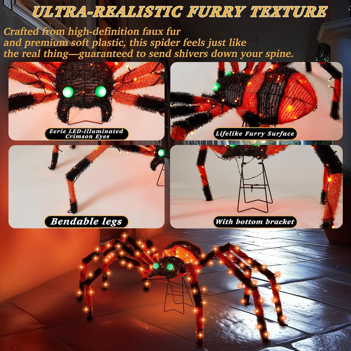 4.2Ft Giant Spider Halloween Decorations Outdoor 52" Light Up Spider wit...