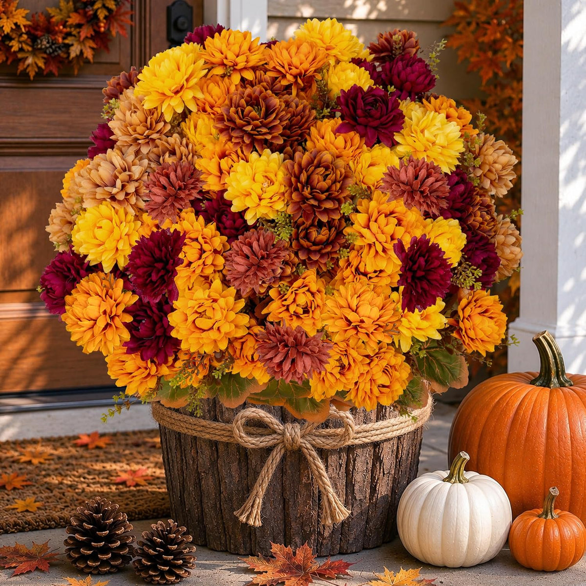 AXYLEX Artificial Mums for Outdoors, 12 Bundles Fake Fall Flowers (Multi)