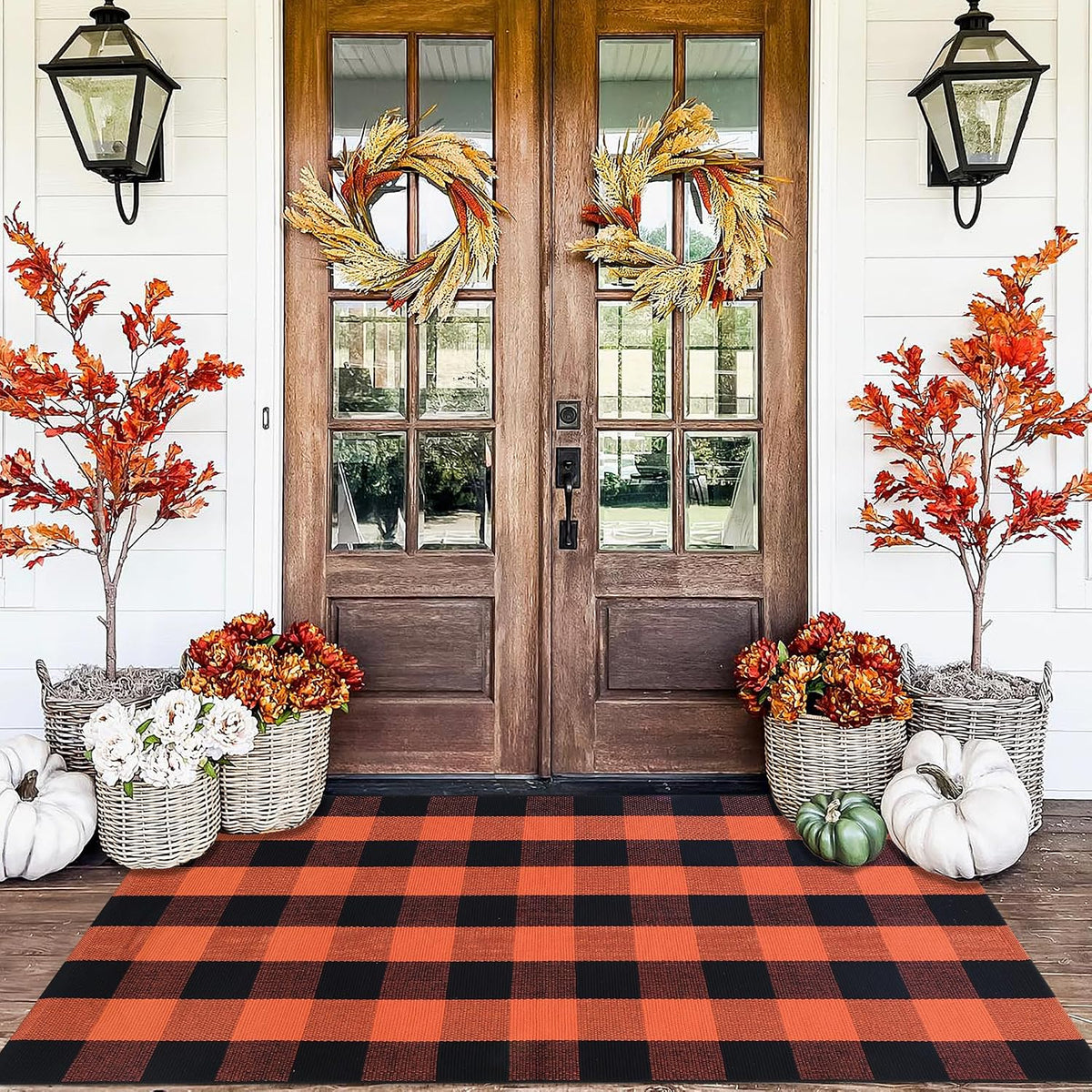 Orange and Black Plaid Rug, 3' x 5' Fall Outdoor Front Door Decor Mat...