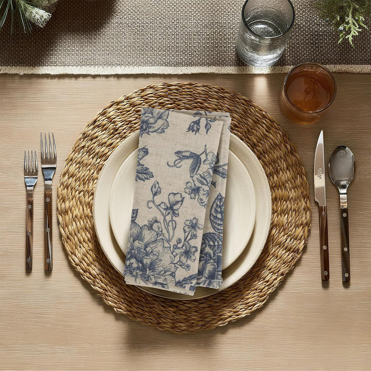 Blue Floral Cloth Napkins Set of 12, Vintage Linen Cotton Dinner Napkins 15x1...