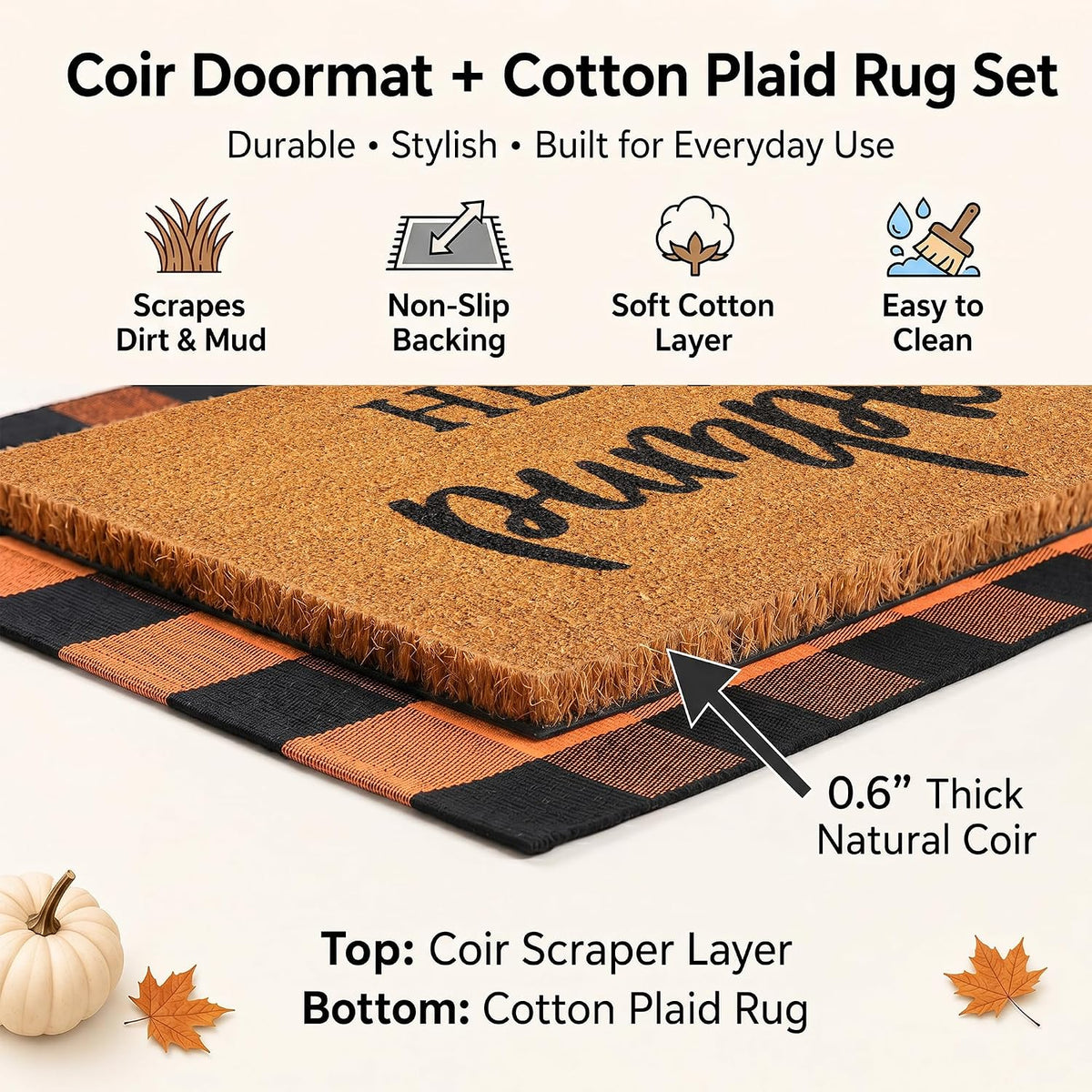 Fall Decor Door Mat Combo Set, 100% Coco Coir Welcome Mat + 28 x 43 Inches Or...