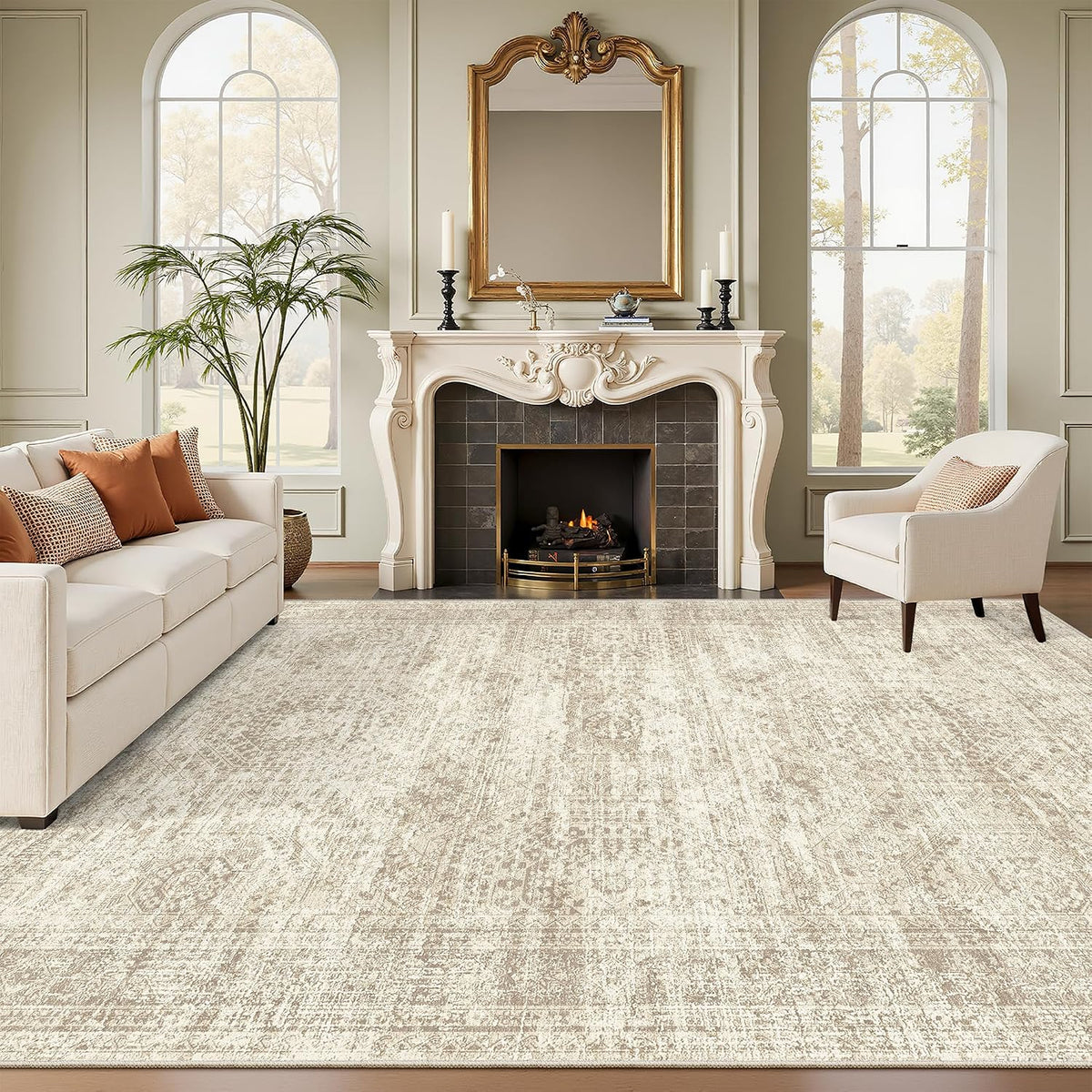 Soalmost 9x12 Area Rugs for Living Room Washable Print Rug Non-Slip Beige