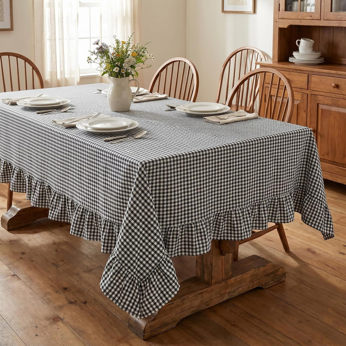 PartyDelight Gingham Ruffle Tablecloth Black White Checkered Rectangular Wash...