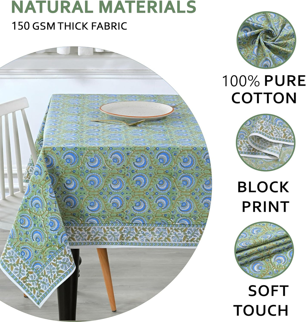 Ridhi Verdant Mist Hand Block Print Rectangle Tablecloth 90x60 Inch