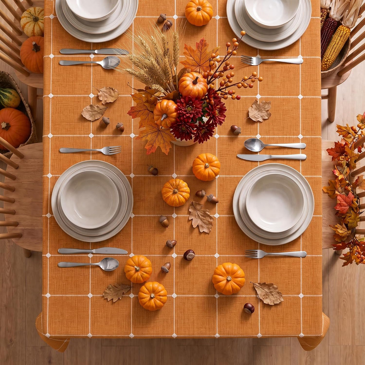 Horaldaily Farmhouse Plaid Tablecloth, Orange, 60×84 Inch Rectangular