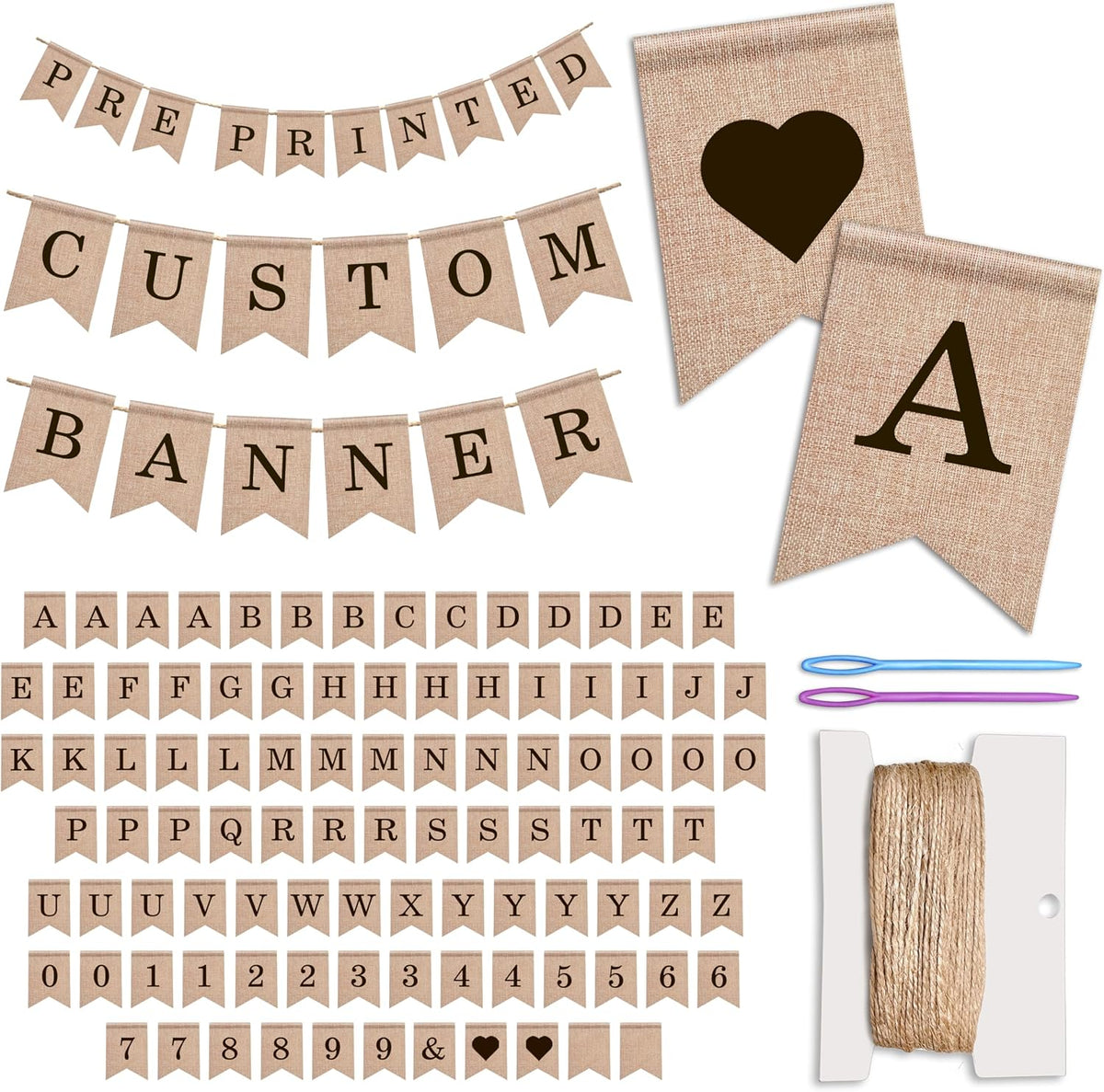 Pre-Printed Banner Kit – 97 BURLAP Flags with BLACK Letters, Numbers & Sy...