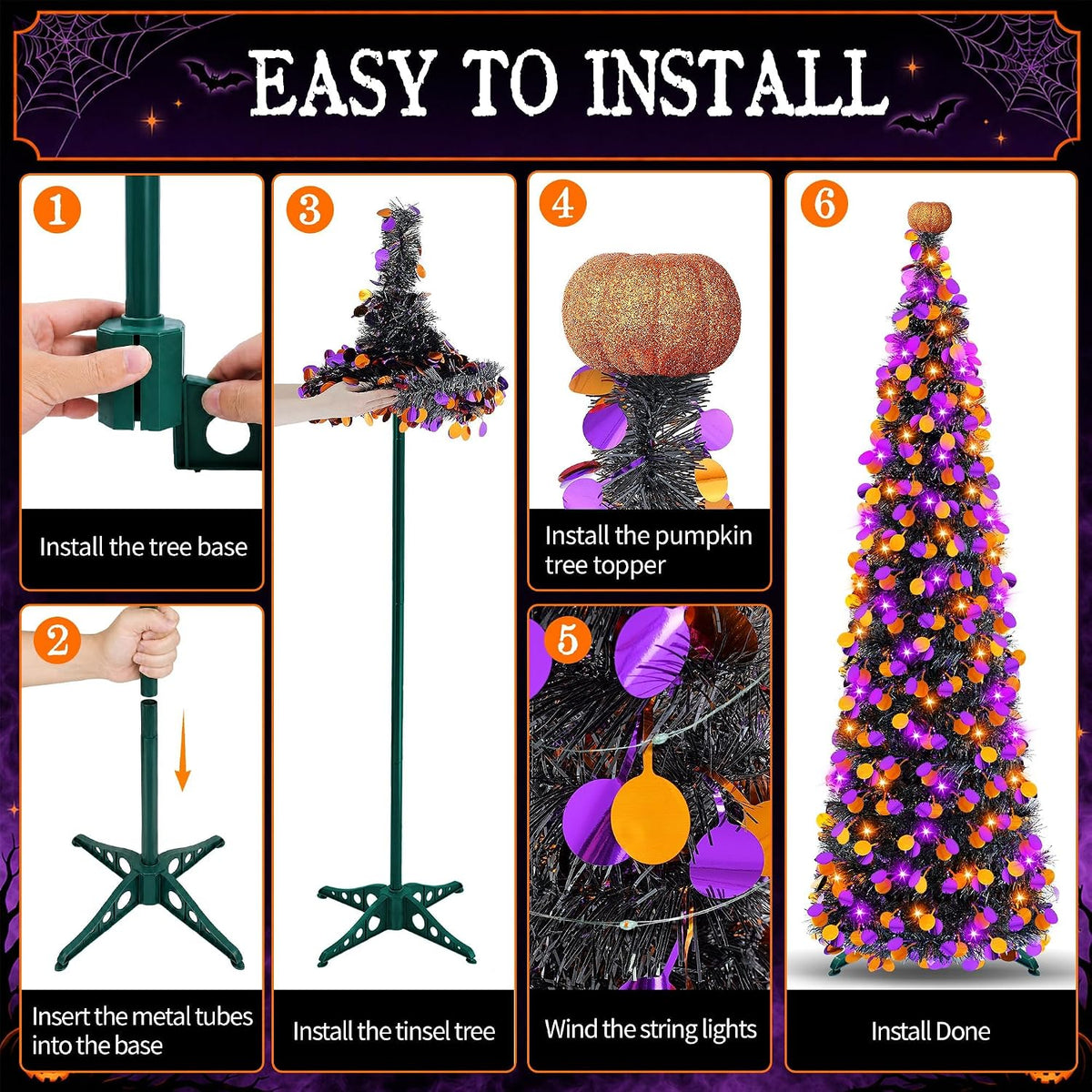 5FT Halloween Tree Decorations Indoor, Pop-up Orange Purple Halloween Tinsel ...