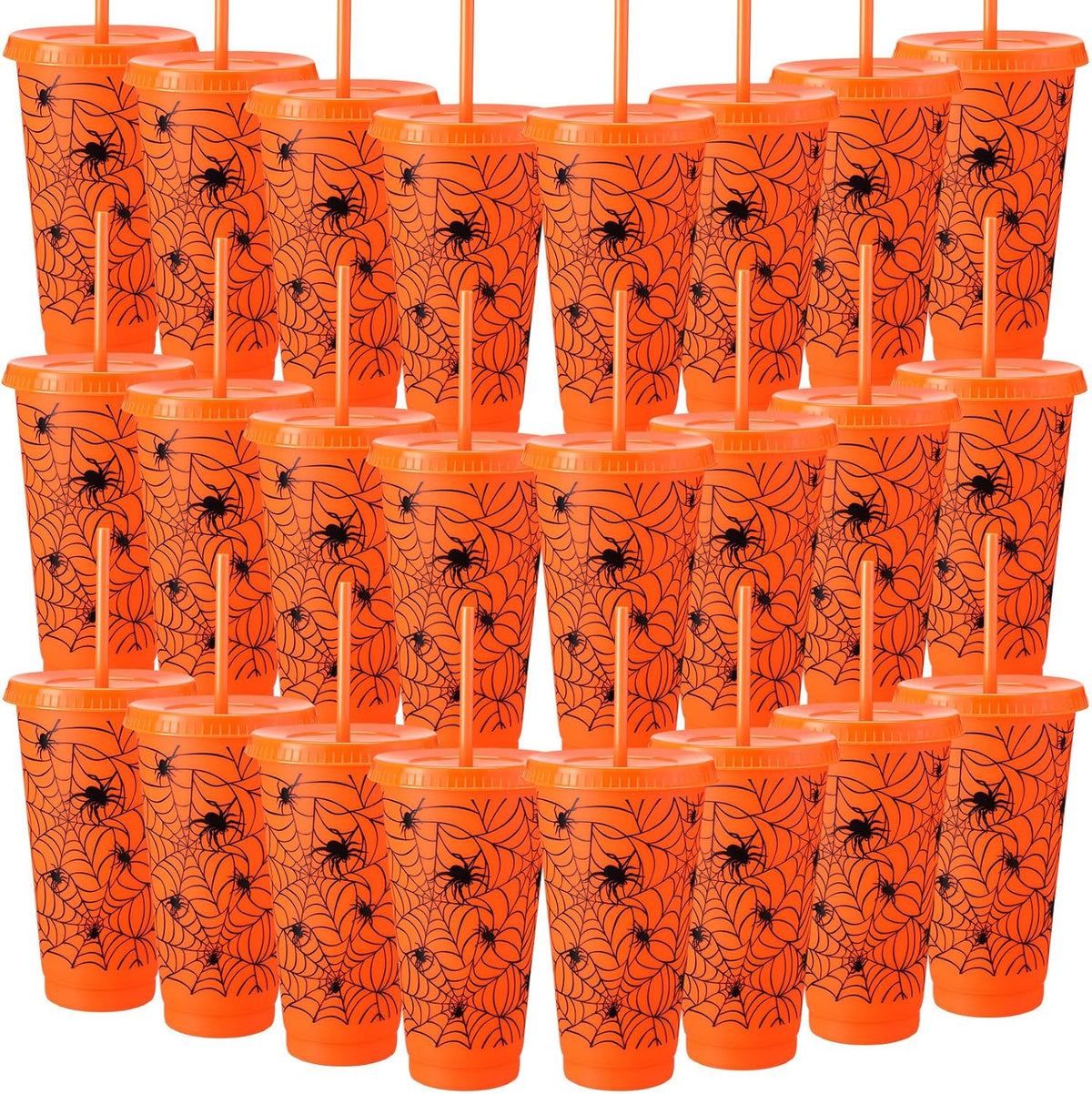 Funnymoom 24 Pcs Orange Halloween Spiderweb Plastic Cups Bulk, 24 oz