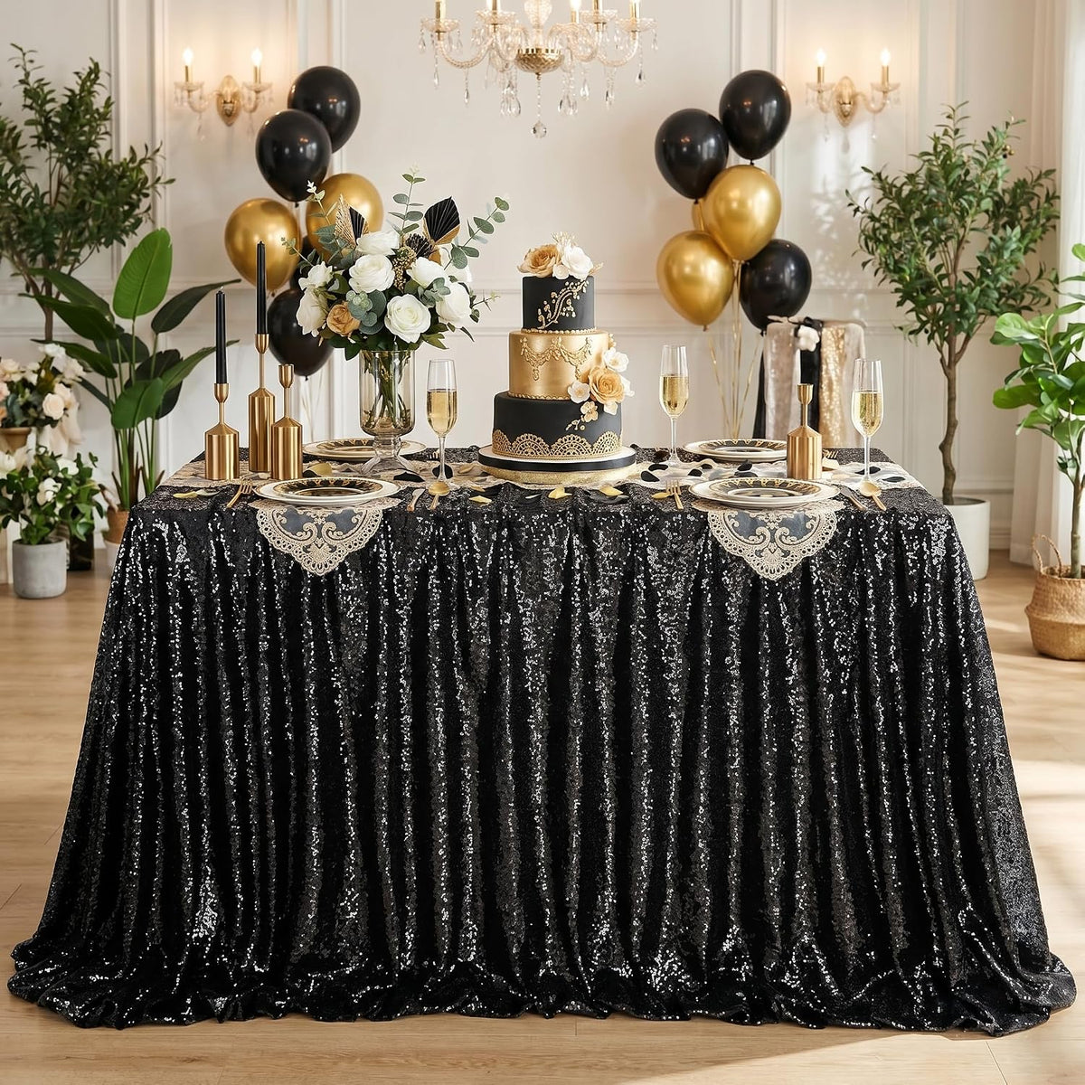SoarDream Black Sequin Tablecloth 90"x156" Party Glitter Table Cloth