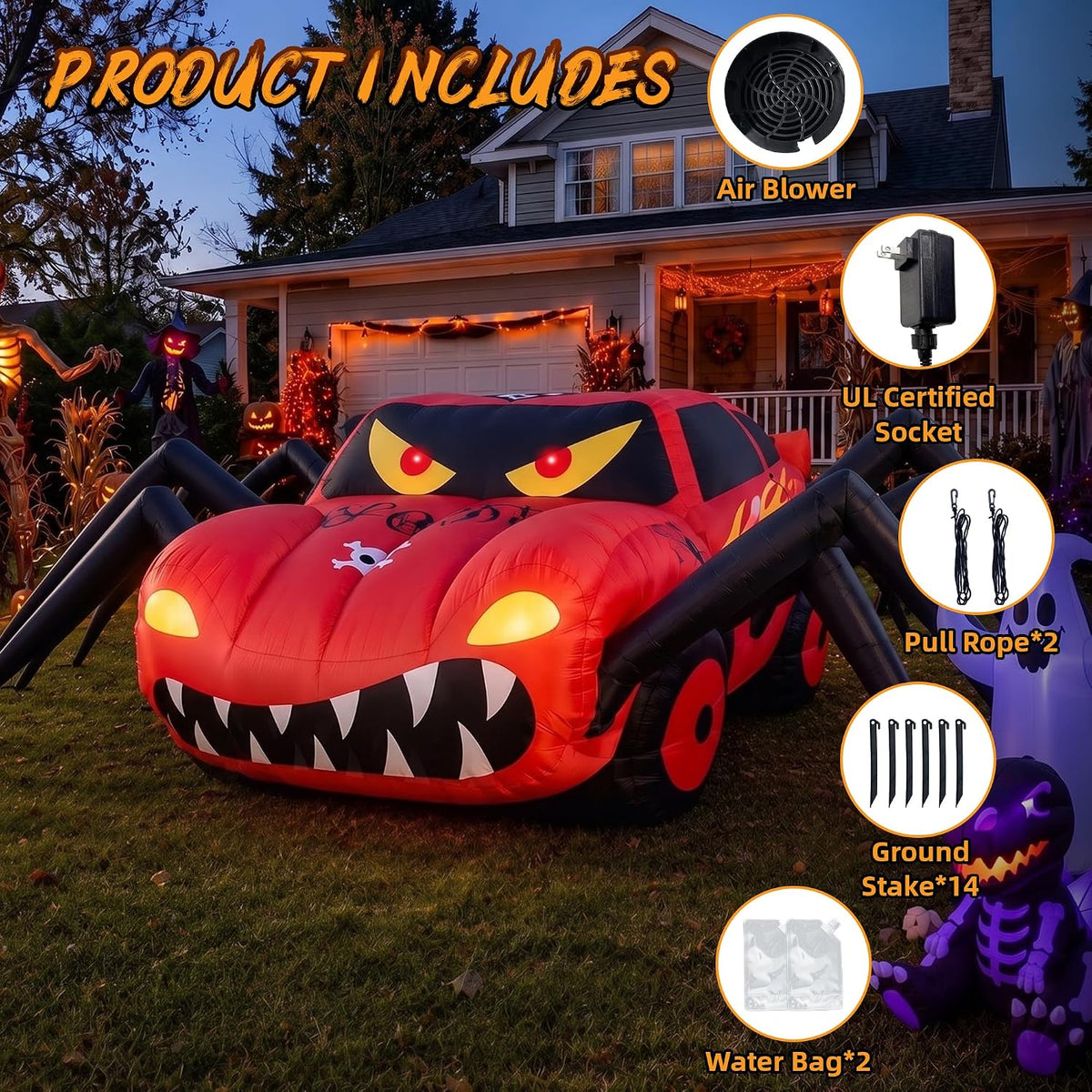 20FT Red Spider Car Halloween Inflatables Outdoor Decorations Built-in LEDs