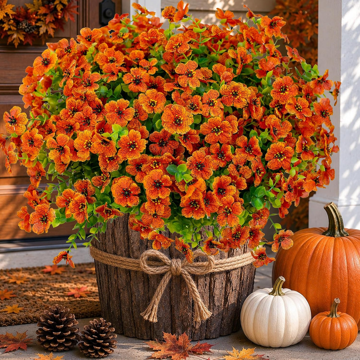 AXYLEX Artificial Mums for Outdoors Fake Fall Flowers Red Orange 16 Pack