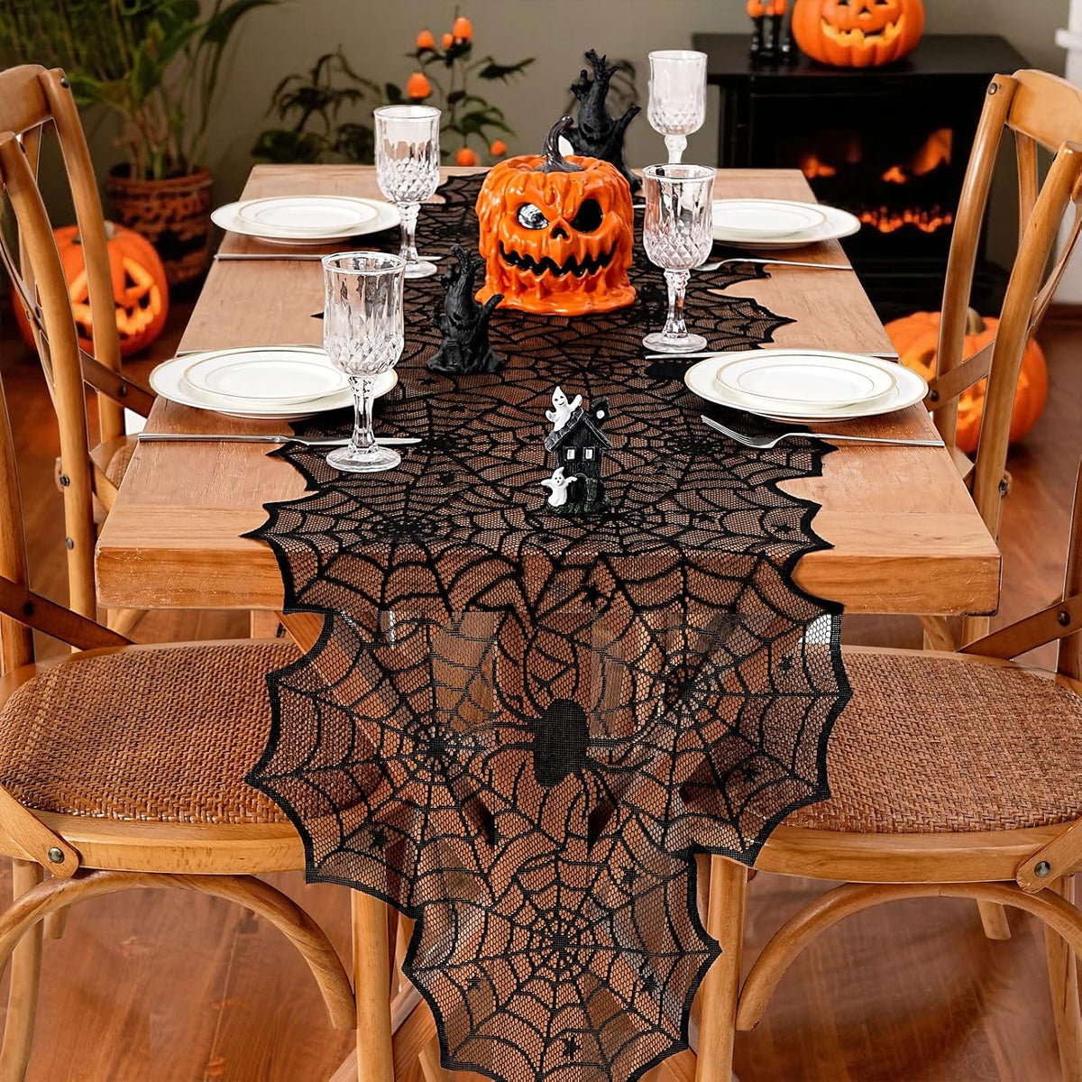 Halloween Table Runner Black Lace Spider Web Table Runner 6 Pack 18x72 Inch