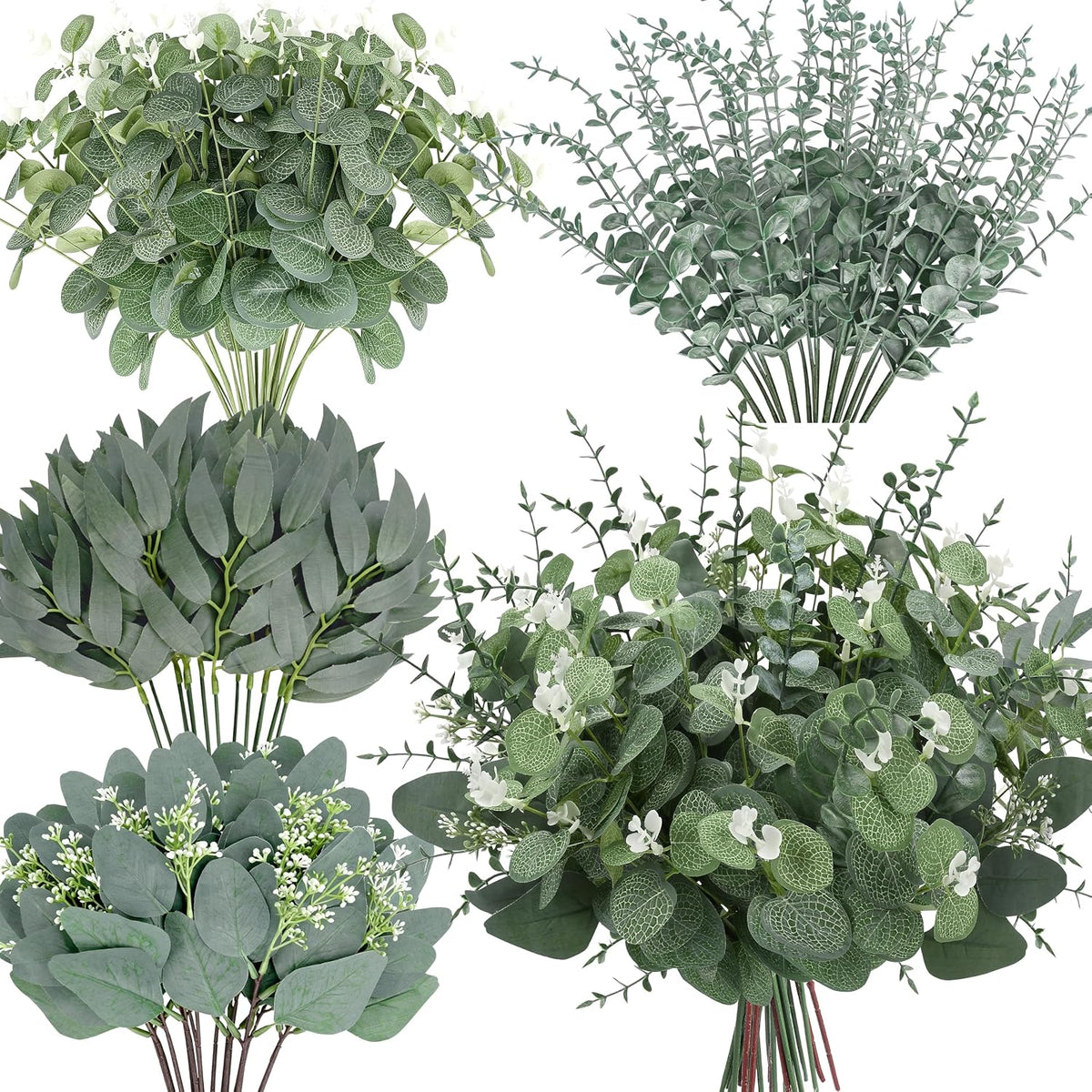 Palonu 150 Pcs 4 Kinds Mixed Artificial Eucalyptus Leaves Stems Bulk Fake Sil...