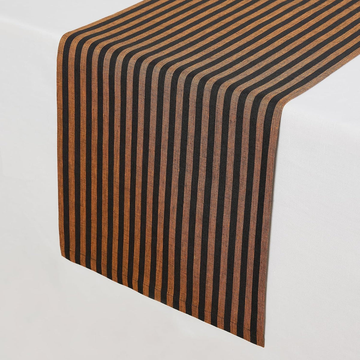 Solino Home 100% Linen Table Runner, 14 x 90 in, Pumpkin and Black Striped