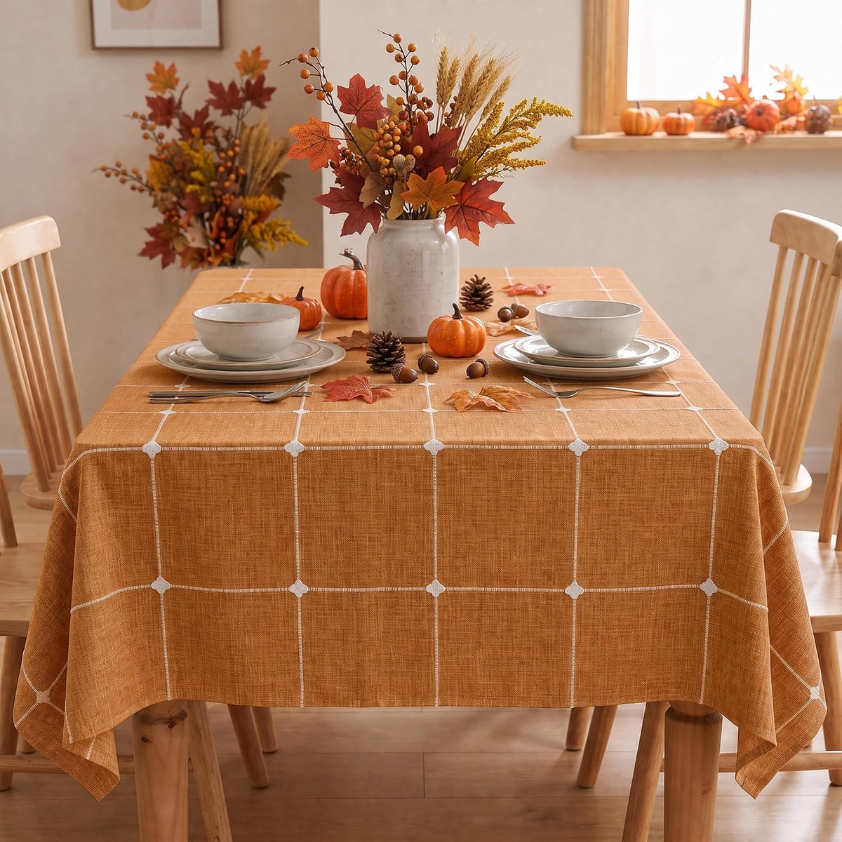Horaldaily Farmhouse Plaid Tablecloth, Orange, 60×84 Inch Rectangular