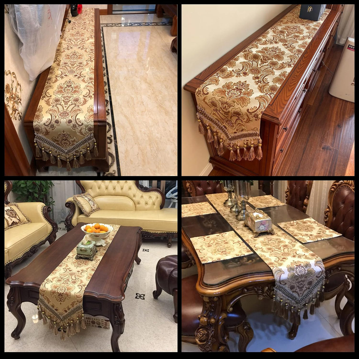 Luxury Velvet Gold Table Runner 90 Inches Long with Vintage Damask Jacquard D...