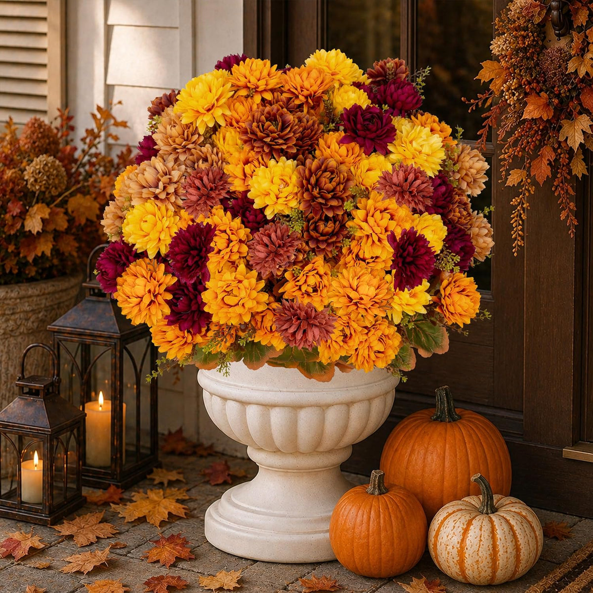 AXYLEX Artificial Mums for Outdoors, 12 Bundles Fake Fall Flowers (Multi)