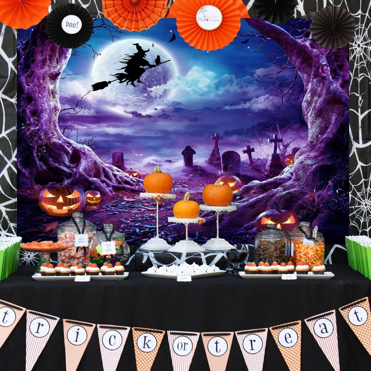 Purple Halloween Cemetery Backdrop 10x8 FT Scary Full Moon Night Backdrops