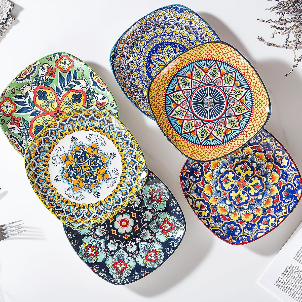 Boho Ceramic Dessert Plates Set of 6, 7.3 Inch Square Appetizer Plates
