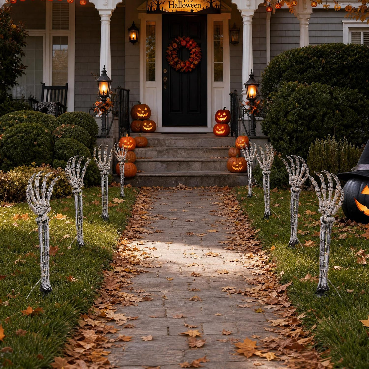 Halloween Skeleton Arm Stakes 4‑Pack, 160 White LED Battery‑Powered Lights