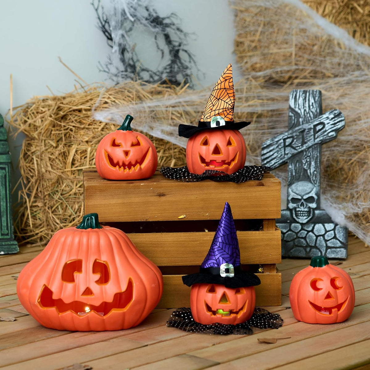 JOYIN 5 Pcs Light Up Halloween Pumpkin Decorations Jack O Lantern Decor, Plas...