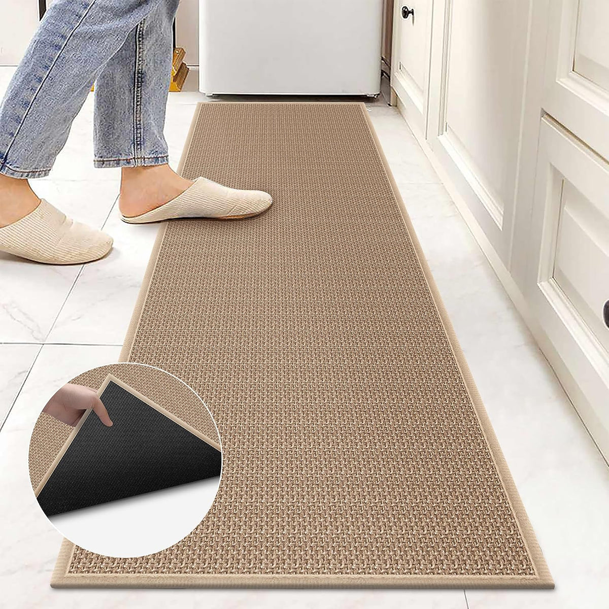 8ft Natural Jute Hallway Runner Rug Non Slip Washable, Rubber Backed Long Kha...