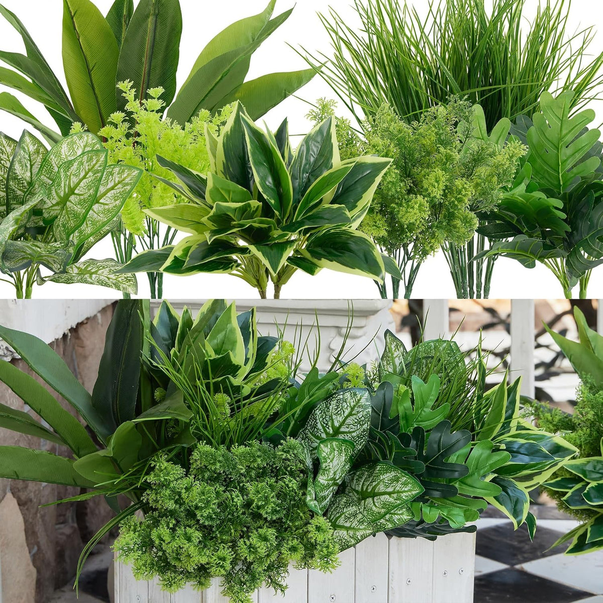 18Pcs Outdoor Artificial Boxwood UV Resistant Fake Stems Plants, Faux Plastic...