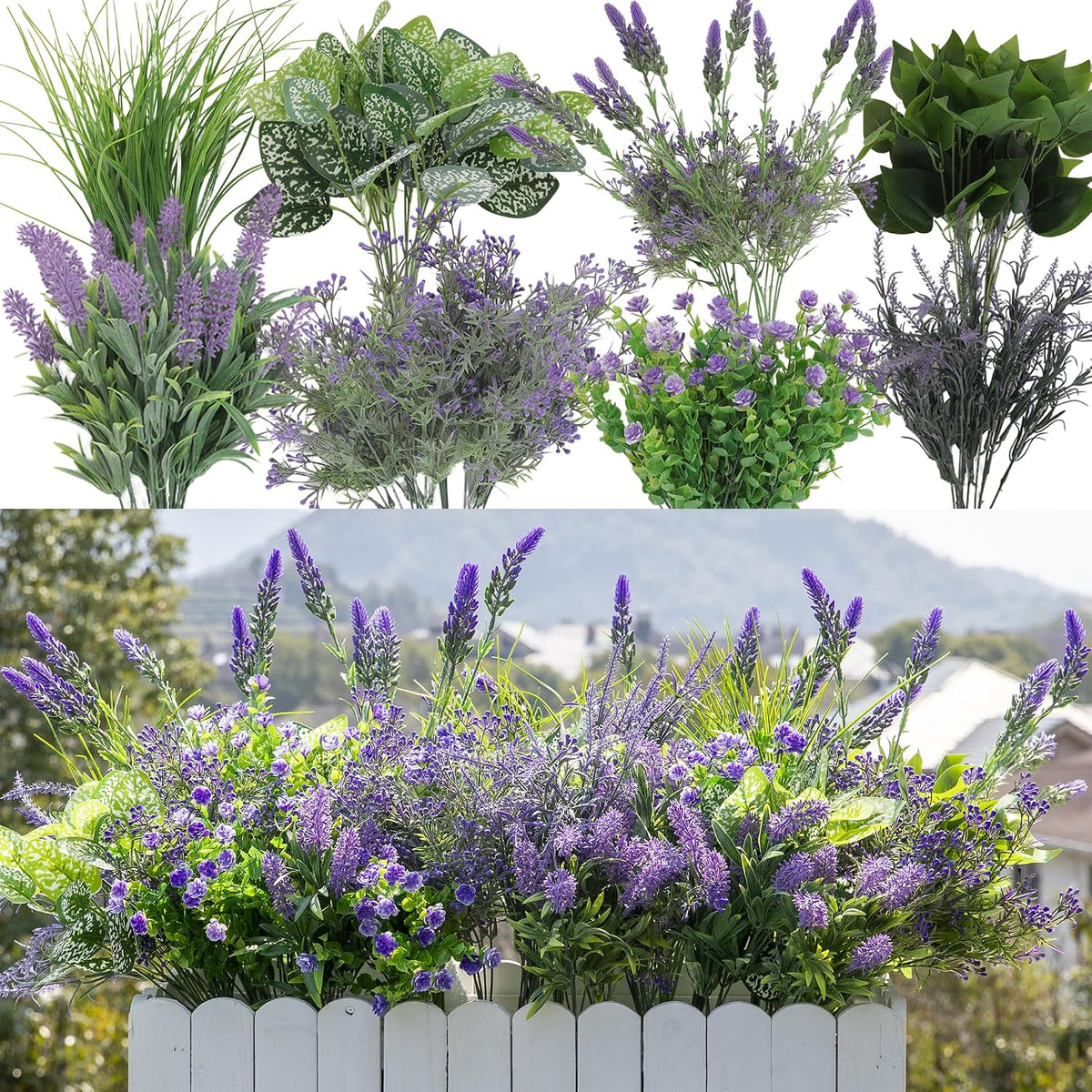 20PCS Artificial Plants Outdoor, Faux Lavender & Greenery Stems for Outside