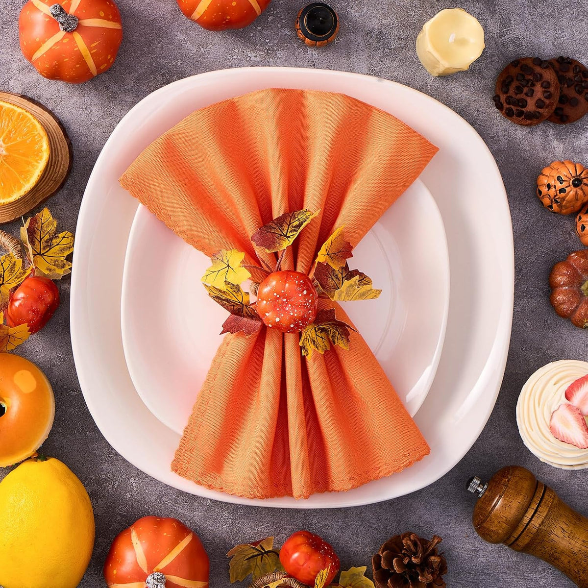 Fall Thanksgiving Decorations Set of 16, Fall Cloth Napkins & Napkin Rings