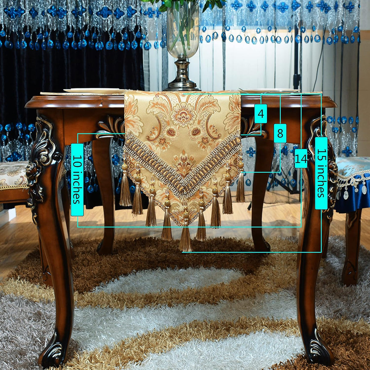 Luxury Velvet Gold Table Runner 90 Inches Long with Vintage Damask Jacquard D...