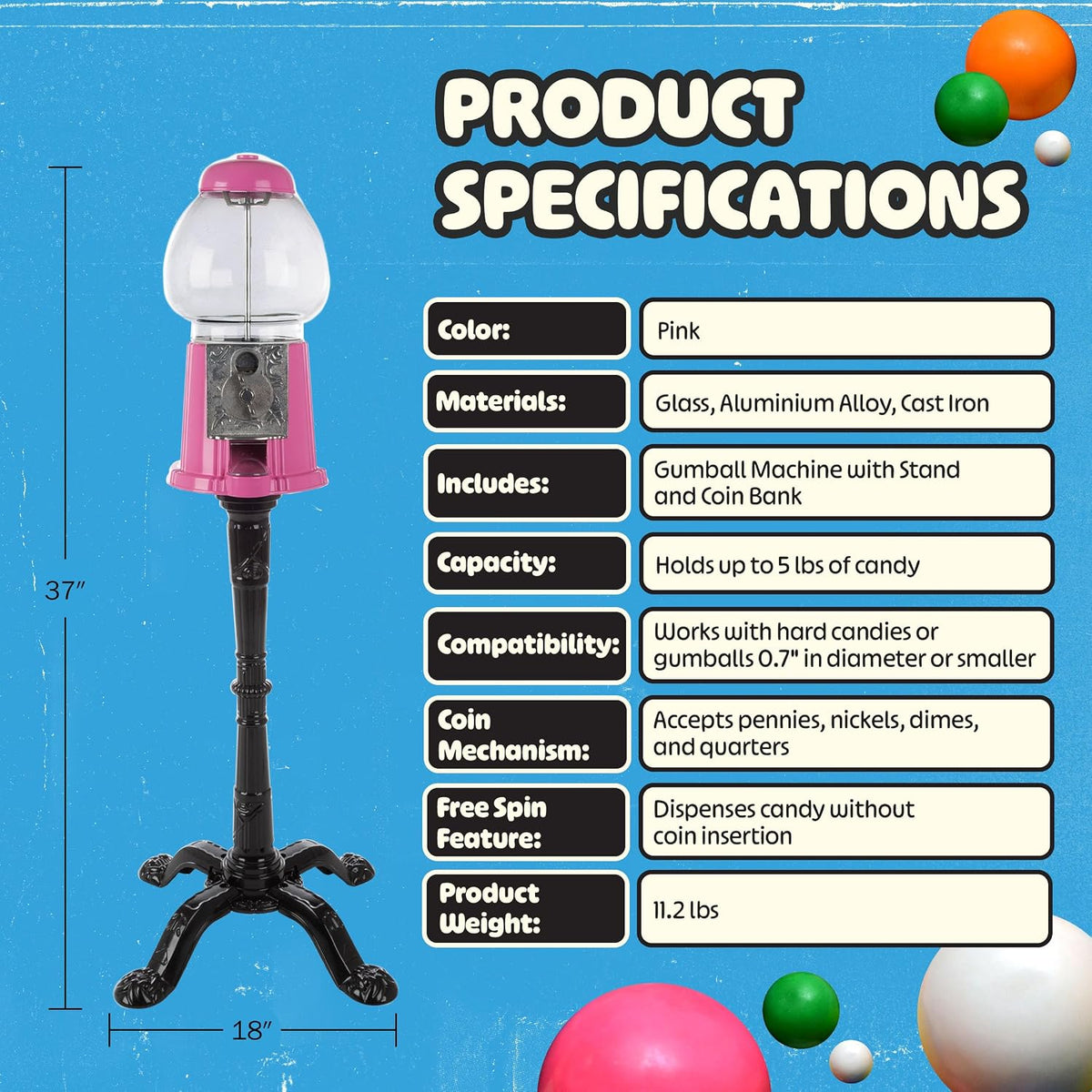 Great Northern Popcorn Gumball Machine with Stand and Coin Bank, Pink, 15"
