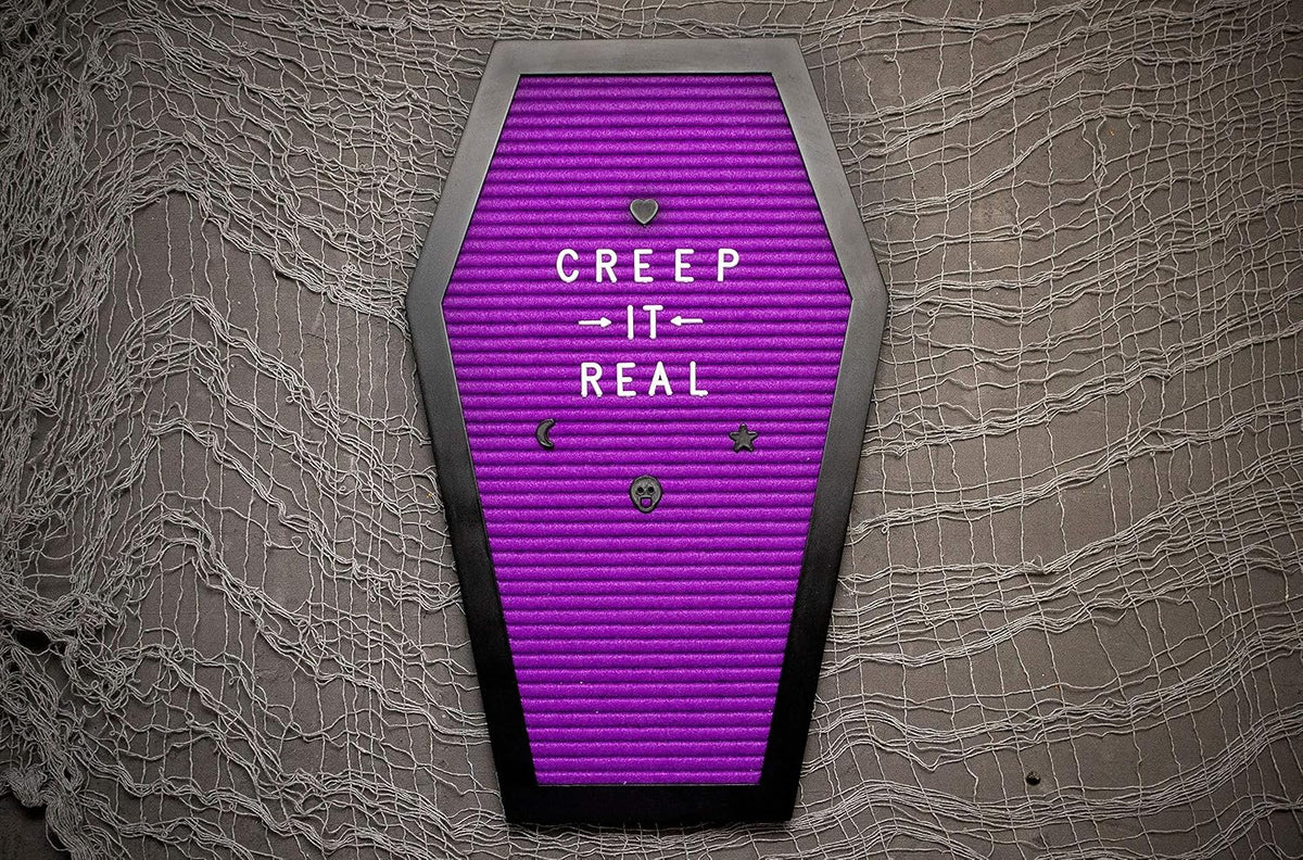 Nomnu Coffin Letter Board, Purple Goth Decor w/Bat Stickers, Spooky Emojis