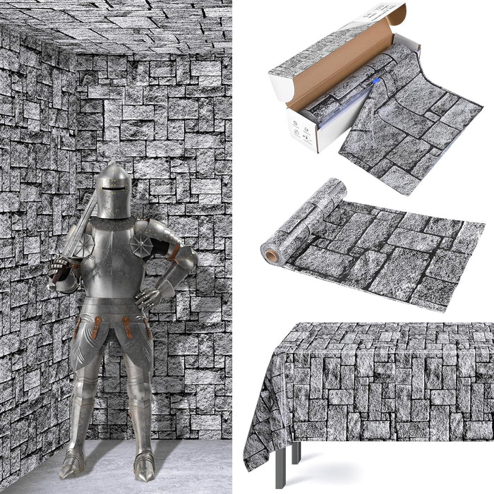 Aneco 120 Ft x 54 Inch Halloween Stone Wall Tablecloth Roll with Cutter Box Disposable Brick Stone Plastic Table Cover Medieval Brick Wall Backdrops for Castle Knight Theme Parties and Birthdays