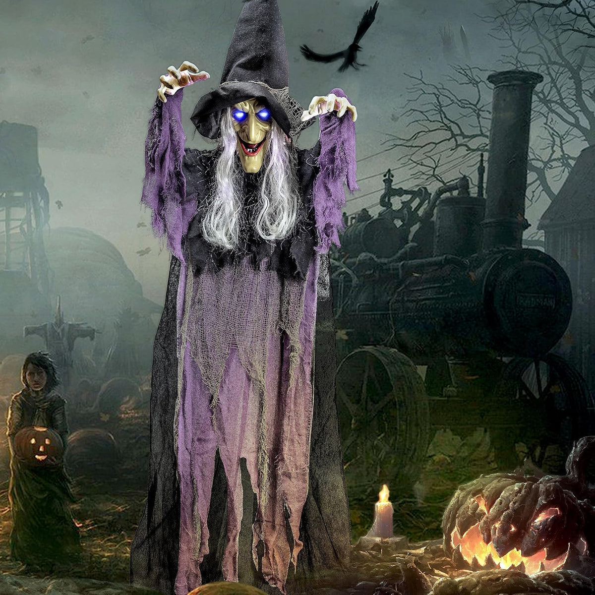 JOYIN 72” Halloween Hanging Witch Decorations Outdoor, Flying Talking Ghost D...