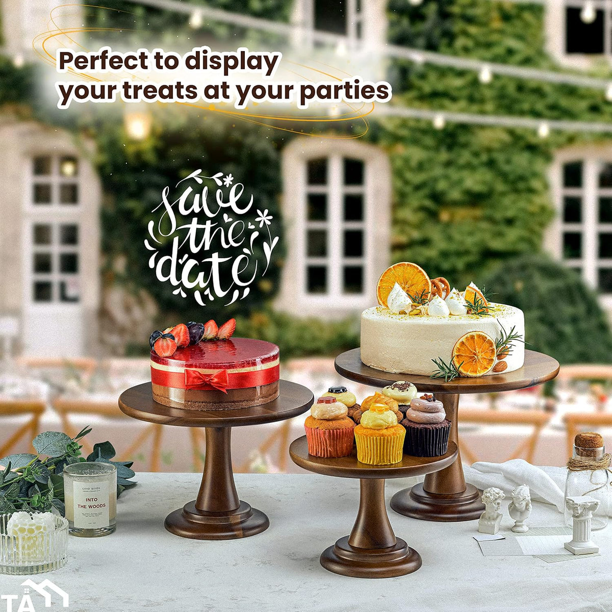 Tidita Set of 3 Size Wood Cake Stand Set, Easy To Assemble, Removable Tray