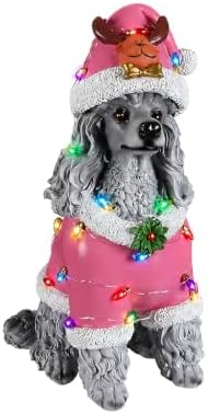 lighted christmas poodle statue, pink outfit showing dimensions