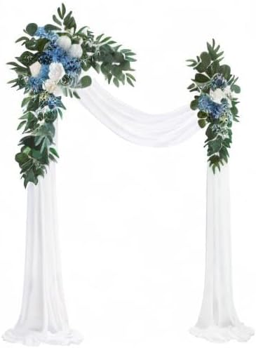 Light Blue Artificial Wedding Arch Flowers Kit (Pack of 3) with 26Ft White Shiny Arch Draping Fabric for DIY Wedding Party Ceremony Reception Backdrop Floral Decoration