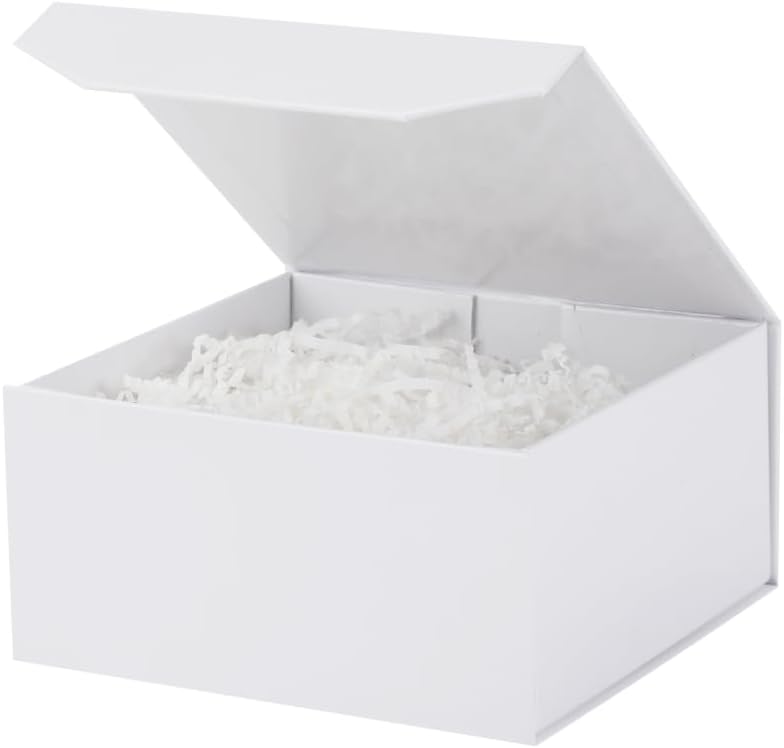 1 Pcs 6x6x3 Inch White Magnetic Gift Box Small Magnetic Box with Crinkle Paper White Small Gift Box with Shredded Paper Luxury Gift Boxes with Lids for Presents