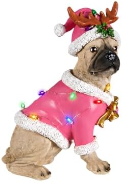 lighted christmas french bulldog statue, pink outfit and on a desk or shelf