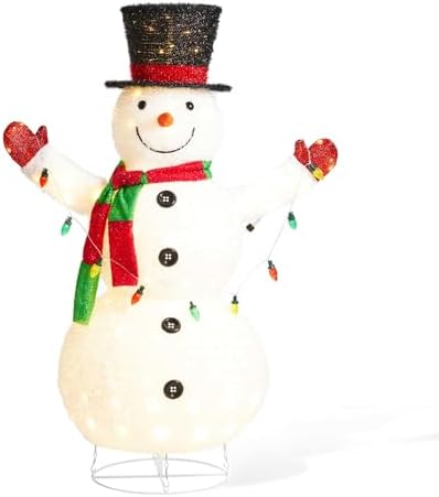 glitzhome 4ft lighted pop-up christmas snowman, large pre-lit shown in use