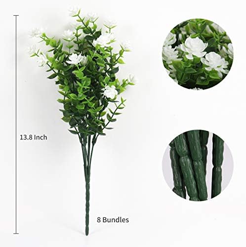 RECUTMS Artificial Flowers, Fake Boxwood Outdoor UV Resistant Plants Artificial Springs Flowers Eucalyptus Greenery Shrubs Bridal Wedding Bouquet for Home Garden Party Wedding Decoration,8Pcs(White)