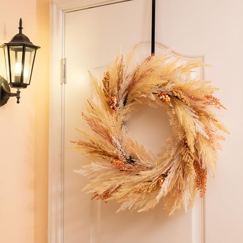 decorbyhannah 24'' neutral fall pampas wreath with lights, view 9