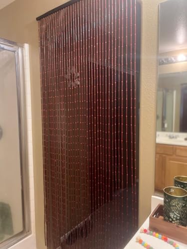 natural dark brown bamboo beaded curtain room divider, front angle view
