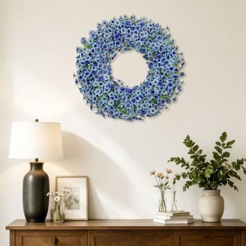 24" blue artificial floral wreath for front door, front angle view